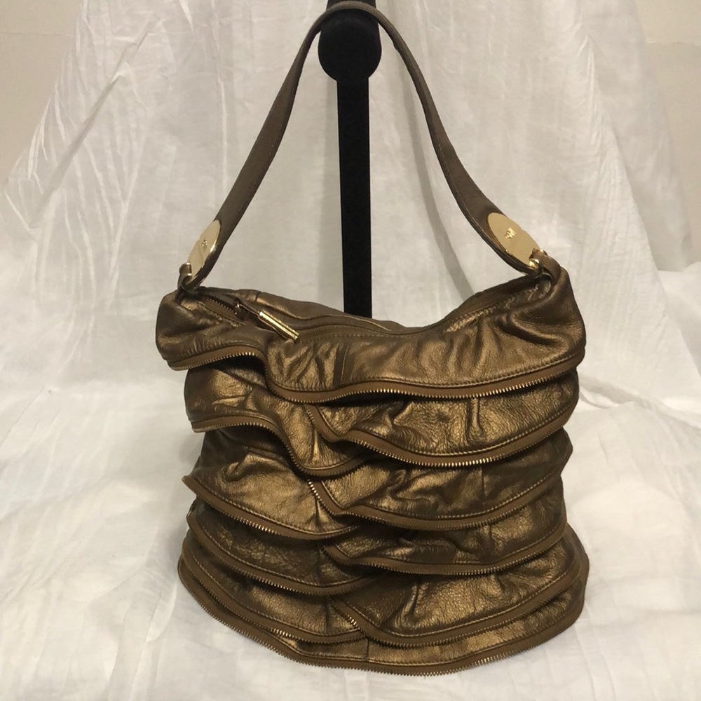 BODHI Ave Bronze Ruffled Leather Hobo Shoulder Bag EUC